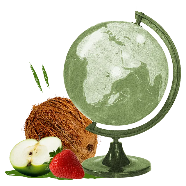 a globe with a coconut, an apple and a strawberry